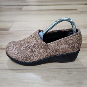 Safe T Step Clogs Comfort Brown Leather Floral Wedge Slip-On Women's 8.5 New